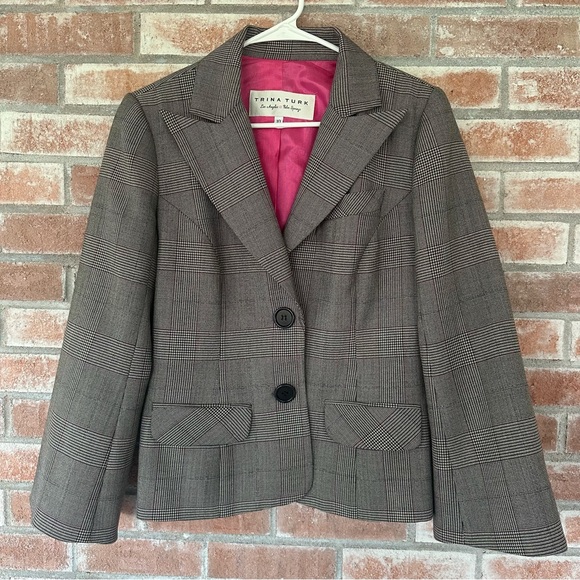 Trina Turk Wool Blend Plaid Blazer Jacket Women’s 10 Black White Pink Y2K - Picture 1 of 10